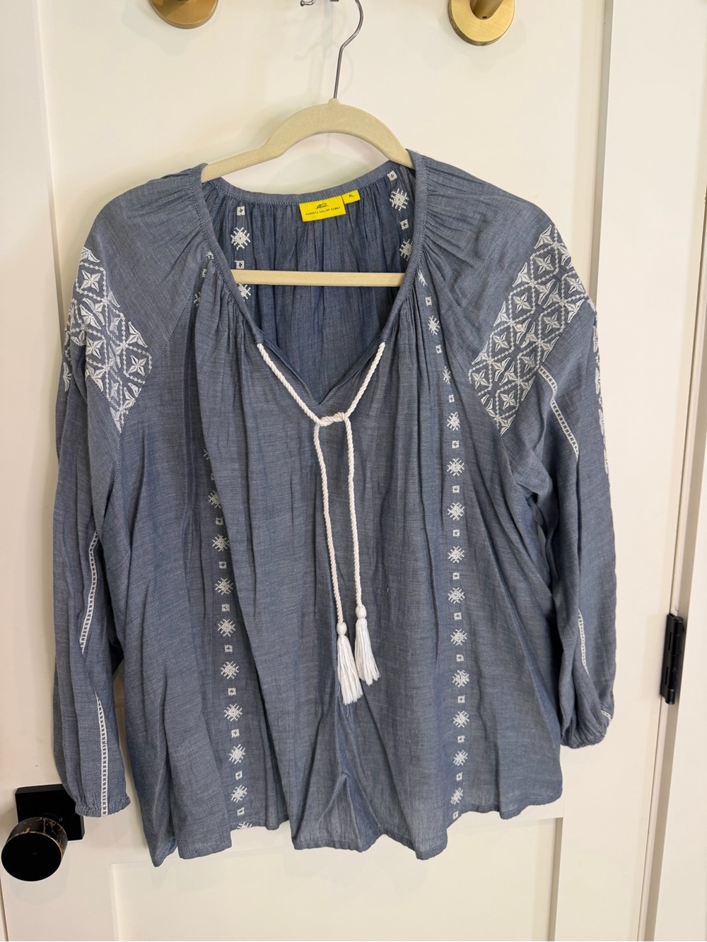 Roberta Roller Rabbit Blue Peasant Blouse with White Embroidery